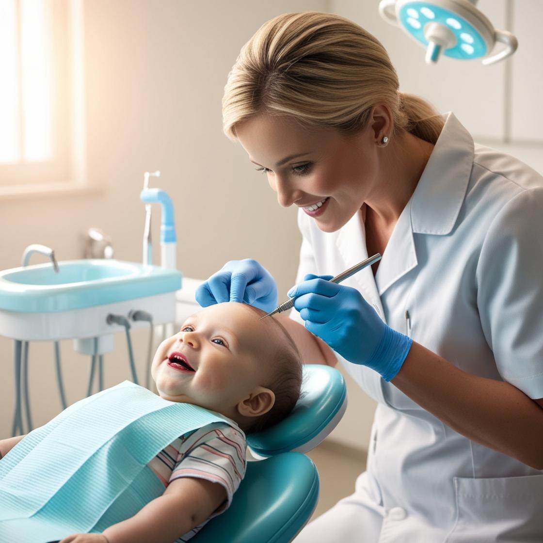 một bác sĩ đang khám răng cho 1 em bé, em bé nằm ở trên giường nha, phiên bản chân thật