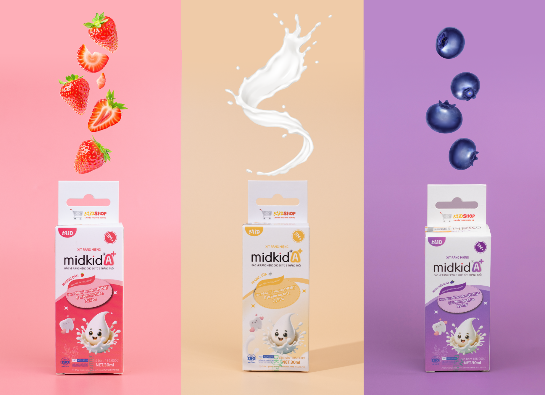 xịt răng miệng Midkid A+ lợi khuẩn HM6 cho bé từ 3 tháng tuổi 3 hương vị dâu việt quất sữa